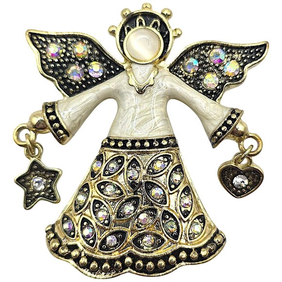 KC Kenneth Cole ANGEL Brooch Aurora Borealis Rhinestone Gold Tone 2" Vtg Signed - Picture 5 of 5